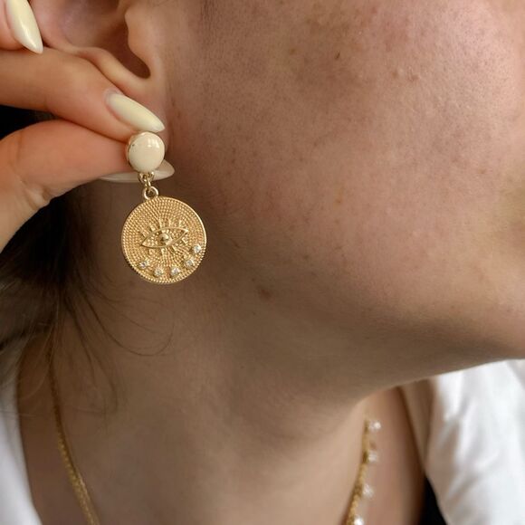 Gold Eye Motif Earrings A955 - Picture 4 of 4